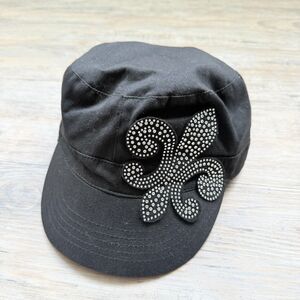 Black Rhinestone Fleur-de-Lis Newsboy Cap Y2K Streetwear Hat Early 2000s Vintage